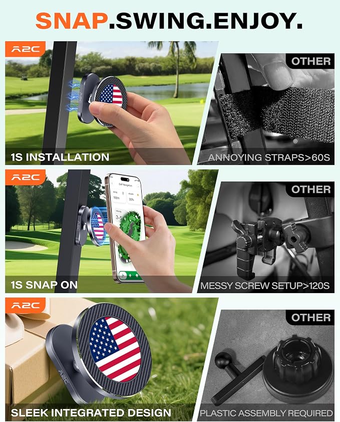 A2C American Flag Alloy Magnetic Golf Cart Phone Holder Golf Accessories | 4th of July Golf Cart Decorations fits EZGO Club Car Yamaha, 250 Anniversary USA Patriotic Golf Gifts for Men Women Essential