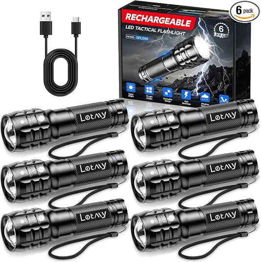 LETMY 6 Pack Rechargeable Flashlights 2000 Lumens, 3 Modes Bright Small Flashlight for Home Tactical Flashlights Rechargeable, Zoomable LED Flashlights Waterproof for Outdoor,Camping Emergency