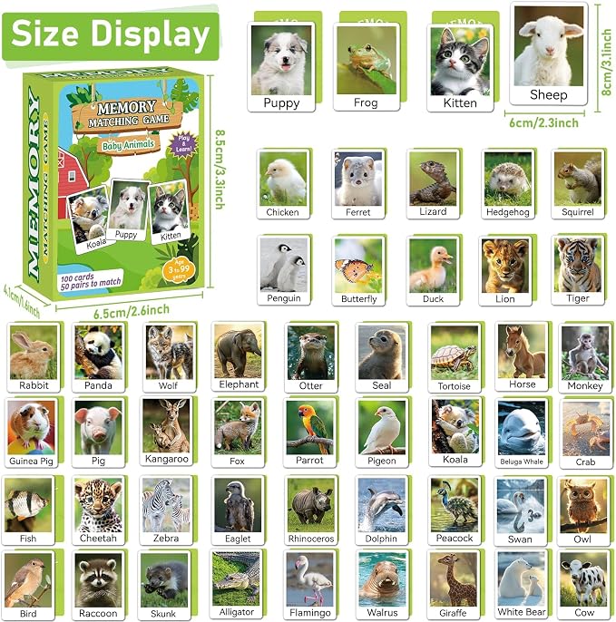 gisgfim 100 PCS Memory Matching Game Animal Babies Concentration Memory Card Educational Game for Kids Adults A Fun & Fast Baby Animals Game Toddlers Preschool Family Board Gift Matching Games