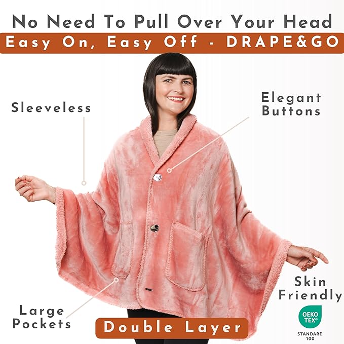 Premium Double Layer Wearable Blanket for Women -No Sleeves- Shawl with Pockets- Wrap Blanket- Gifts for Grandma (Powder Pink)