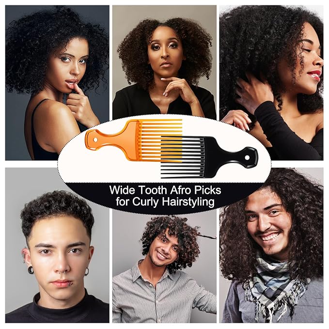 SIMPOR 2 Pcs Hair Pick Comb Wide Tooth Lift for Hair Styling Detangling, Plastic Afro Pick for Women Men, Fist Picks for Curly and Afro Hair (Clear Orange, Black)
