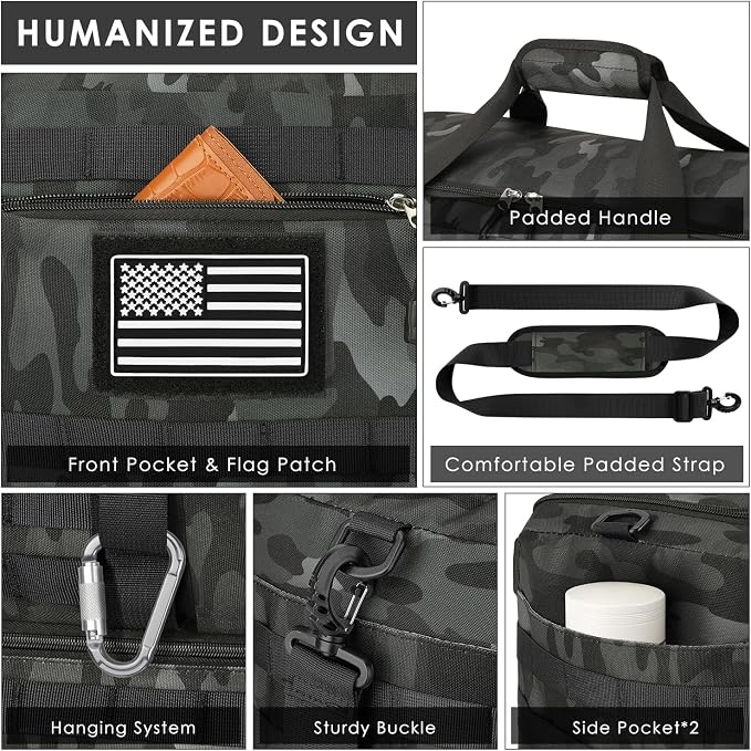 Gym Bag for Men Women, Carry on Luggage 22x14x9 Airline Approved Duffle Bag | Tactical Travel Bags with Toiletry Bag and Shoe Compartment, Weekender Overnight with Wet Pocket for Workout, Black Camo