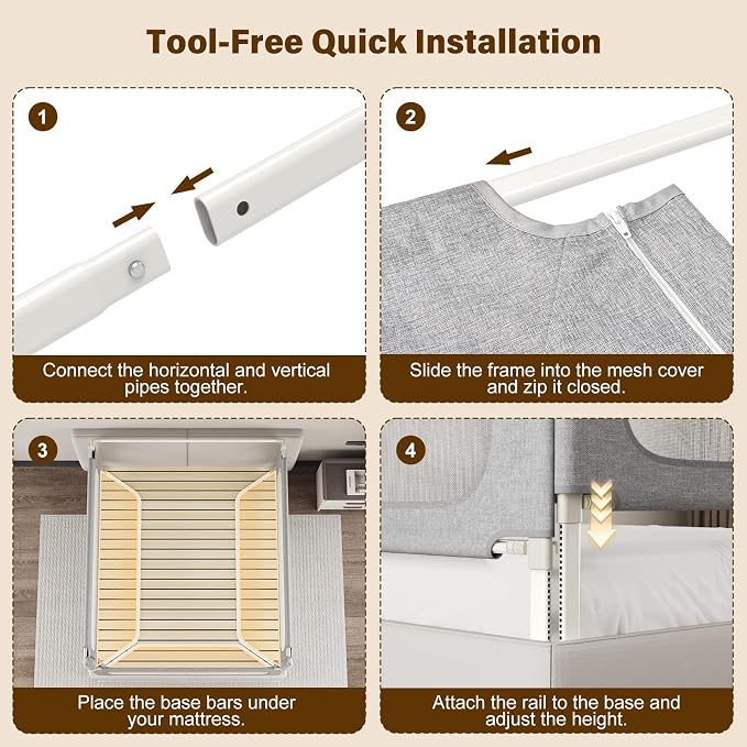 King Size Bed Rails for Toddlers: 3-Piece with Corner Cushion | Stable, Tool-Free Install, Fold-Down & Dual Safety Lock, Side Pocket, Adjustable for 2-13" Mattress, for Baby Co-Sleeping