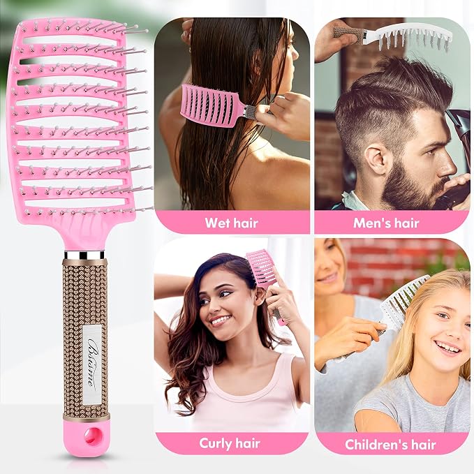 Bsisme Hair Brush, Curved Vented Brush for Faster Blow Drying, Professional Styling Hair Brushes for Women and Men, Paddle Detangling Brush for Wet Dry Curly Thick Straight Hair, Pink | Professional Styling Hair Brushes for Women, Men & Kids, Paddle De...