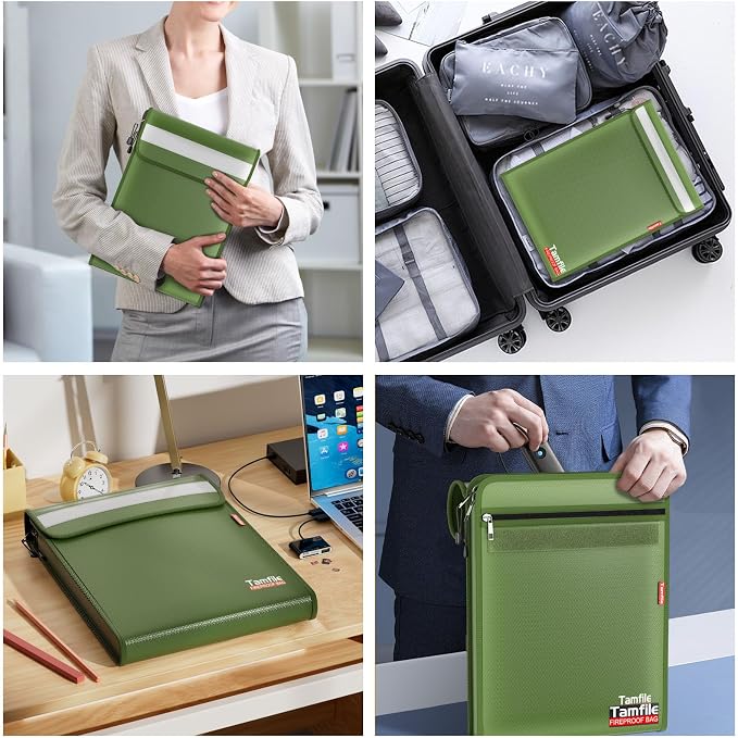 6400℉ Fireproof Document Bag, 15”x 11” Waterproof Document Organizer, Green | Fireproof Money Bag, 2 Pockets,Safe Important Document Organizer for A4 A5 Legal Letter Size, Valuables, Legal Documents