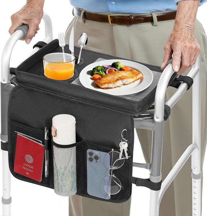Rhino Valley Walker Tray for Folding Walker,Tray for Walker with Cup Holder | Tray for Walkers with Non-Slip Mat for Food, 3 Front Pockets & 6 Cup Holders, Walker Accessories for Senior, Black