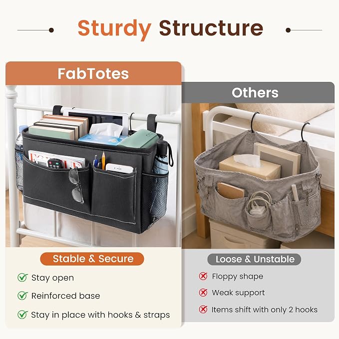 Bedside Caddy for Dorm Bed, Bedside Storage Bag Hanging Organizer | Metal Frame, Water-Resistant Lining, Fits Bed Rails up to 2.2 In, Adjustable Straps, Bunk and Hospital Beds(1 Pack, Dark Grey
