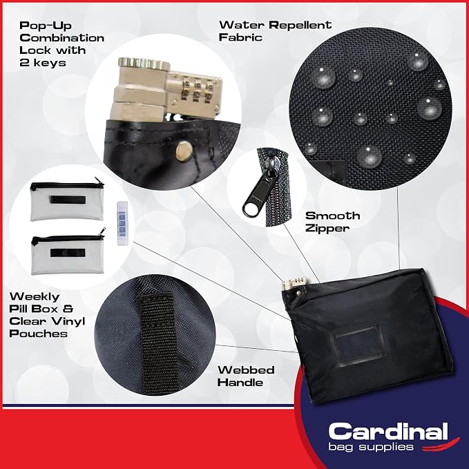 Large Combination Locking Medicine Bag, Black | Includes Pill Box, Removable Clear Bags, Prescription Bottle Organizer, Travel Carry Case, Combination Lock