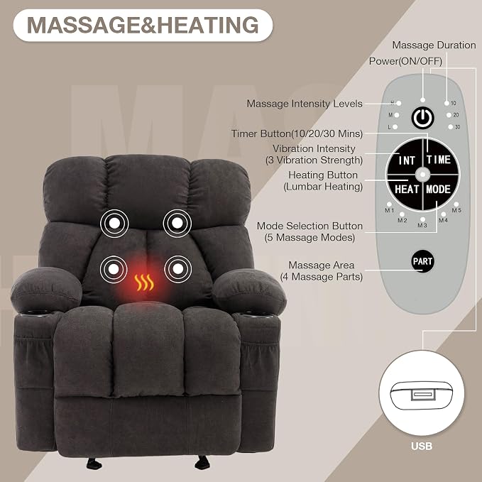 Massage Rocker Recliner Chair with Heat and Vibration Ergonomic Rocking Lounge Chair for Living Room Comfy Overstuffed Recliner with 4 Side Pockets, 2 Cup Holders, Black