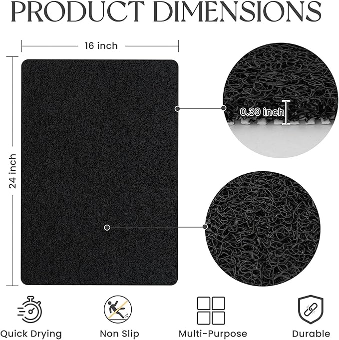 Bathtub Mat Non Slip, 24x16 Inch Shower Mats for Inside Shower, PVC Loofah Bathroom Mat Quick Dry with Drain Hole, Phthalate-Free Bath Mats for Shower Bathroom Tub and Wet Areas (Black)