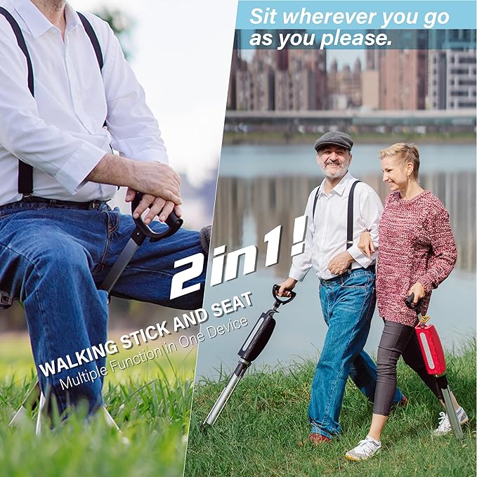 STEP2GOLD Ta-Da Chair Series 2- Portable Walking Stick, Cane with Seat, Foldable Chair, Hiking Stick, for Camping, Hiking, Lightweight Aluminum, Easy Carry, Anti-Slip