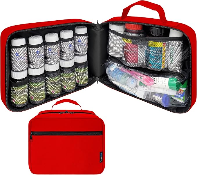 Large Medicine Organizer Bag – 10 Pocket Pill Bottle Organizer for Travel & Home Storage, Red