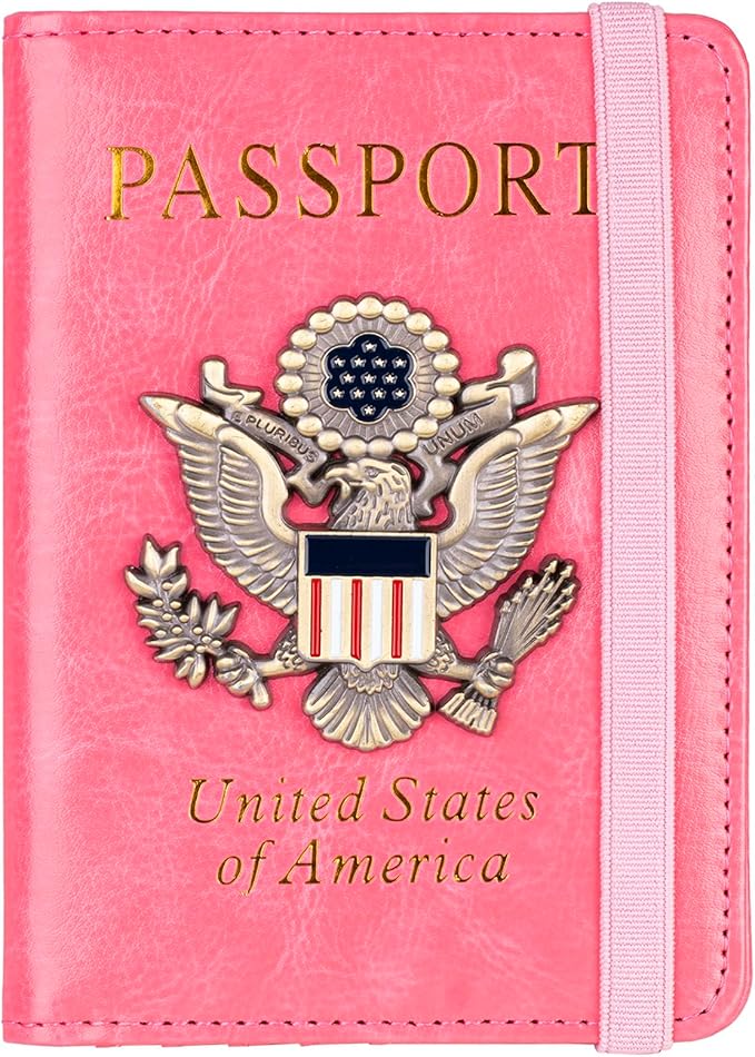 TOURSUIT RFID Blocking Passport Holder, Leather Travel Wallet, Pink | Travel Document Holder Cover Accessories, 3D Metal Badge, For Women Men