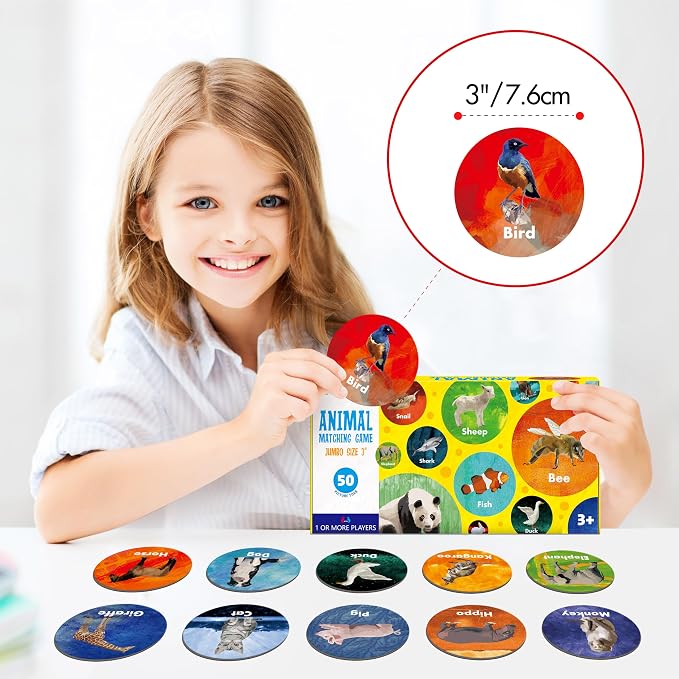 Hebayy Realistic Animal Matching Game, 50 PCS Round Animal Memory Matching Cards for Toddlers 25 Pairs Real Animal Memory Cards Educational Toys for Preschool Boys & Girls 4 5 6 Years Old