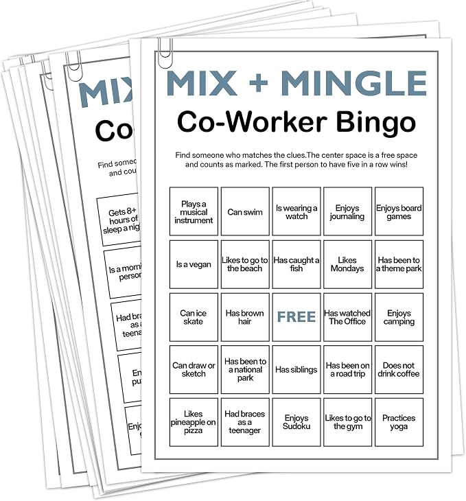 Office Bingo Cards, 25 Unique Randomized 5x7 Sheets, Get to Know You Bingo Game for Adults, Ice Breaker Office Party Games, Team Building Games for Work, High Replay Value - B002