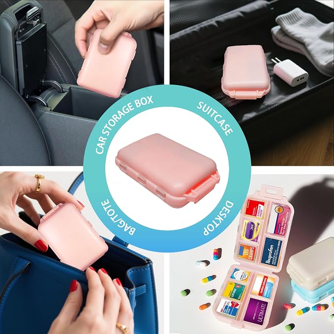 Pill Organizer 3 Pack with 146x3 Medicine Labels, Pink Grey Beige | Set of 3 travel pill cases with 10 compartments each and 146 medicine labels for 7-day planning, daily use, work, and trips