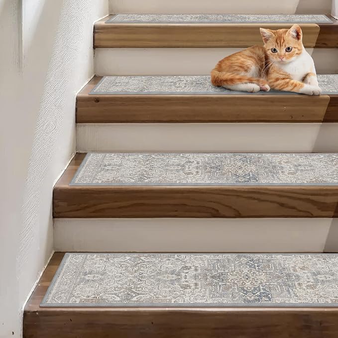 sarben 8"x30" Non Slip Stair Treads for Wooden Steps 15 Pack, Khaki Blue | Peel and Stick Carpet Stair Runner with TPE Adhesive Backing, Carpet for Added Safety, Pet and Senior Friendly