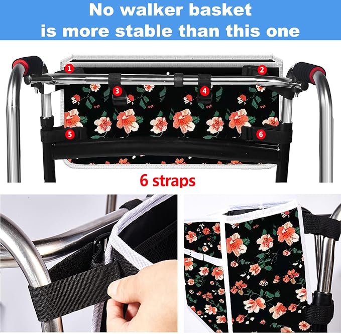 Yuan & Chuang Walker Bag, Water Resistant Large Capacity Carry Storage Carrier Tote, Basket for Walker with Multiple Pockets, Folding Walker Basket with 6 Elastic Straps for Most Walker - Rose Pattern