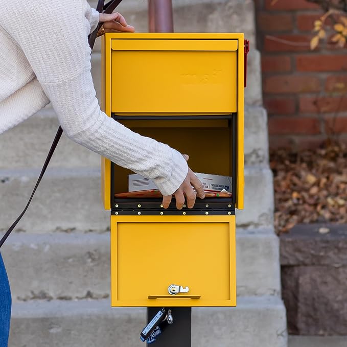 Adoorn Lockable Post Mount Mailboxes for Outside - Large Anti-Theft Locking Mailbox for Packages and Letters - Weatherproof Construction - Durable Steel - 15.5" H x 12" W x 18.5" D - Yellow