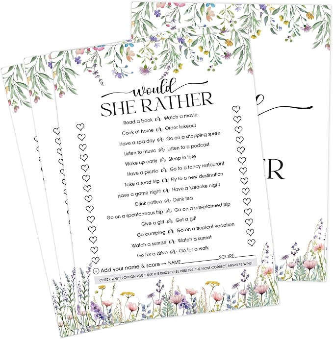 Wildflower Bridal Shower Games, Boho Flowers Would She Rather Game for 30 Guests with Game Cards, Bridal Shower Decor, Wedding Decorations Supplies (26)