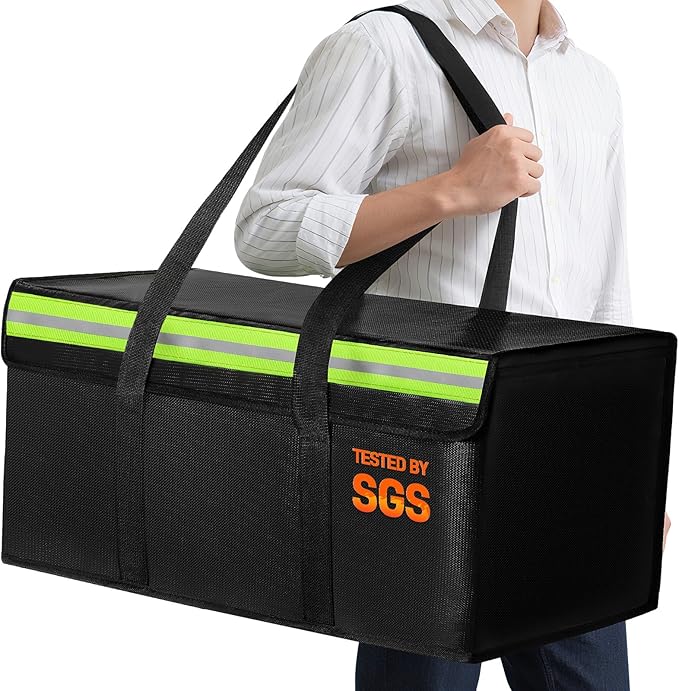 Large Fireproof Document Bag for Home Safe Storage, 24 x 12 x 12in, Black | 2000°F fireproof document box, 4-layer fiberglass important document storage for photo, file and cash with reflective strip