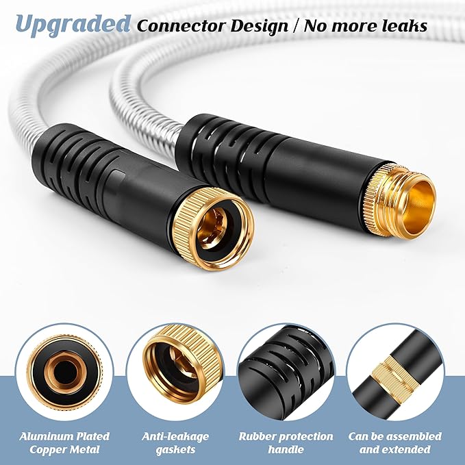 Metal Garden Hose 50FT with 10-Function Nozzle, No-Kink Water Hose | Metal Hoses with Leak-proof Connectors, Lightweight, Puncture-proof, Pet-proof, Sturdy, 550PSI, Hose for Outdoor, Yard