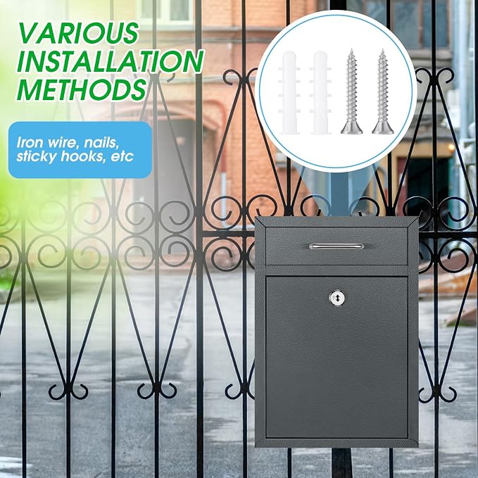 Yaocom Locking Mailbox with Key for Outdoor 12.2 x 8.5 x 3 Inches Large Wall Mount Mail Box with Lock Security Mail Drop Metal Collection Boxes Hanging Secure Postbox(Dark Gray)