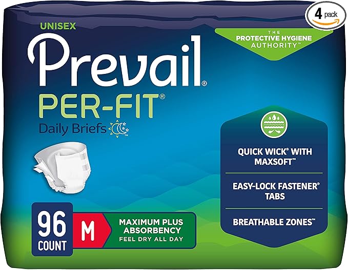 Prevail Per-Fit Incontinence Unisex Briefs with Tabs, Maximum Plus Absorbency, Medium, 80 Count (4 Packs of 20)
