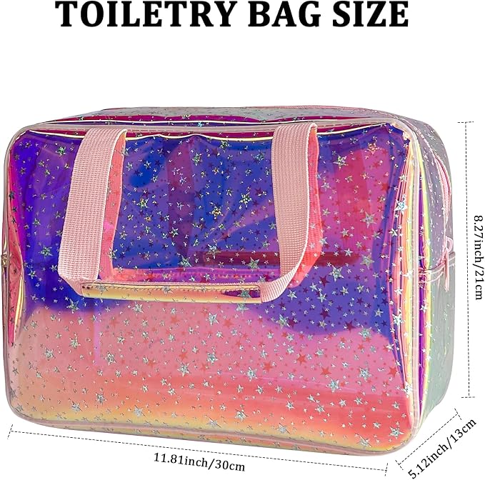 TPU Holographic Pink Star Large Cosmetic Bag 12x5x8 inch Travel Pouch with Handle,Durable Material,Zipper Design-Ideal for Makeup,Travel Essentials (9593-8)