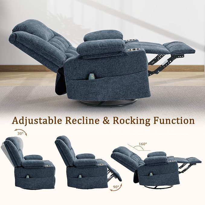 Korser 360° Swivel Rocker Recliner for Adult, Nursery Glider Recliners with Massage & Heating, Rocking Chair with Cup Holder, Manual Recliner Chair for Living Room, Bedroom (Blue)