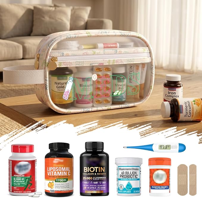 COSHAYSOO Clear MEDS Bag Medicine Travel Case Pill Pouches for Traveling Small Medication Organizer Purse for Women Teen Girls, Car Emergency Medicine Kit Accessories Airplane Park Trip Essentials