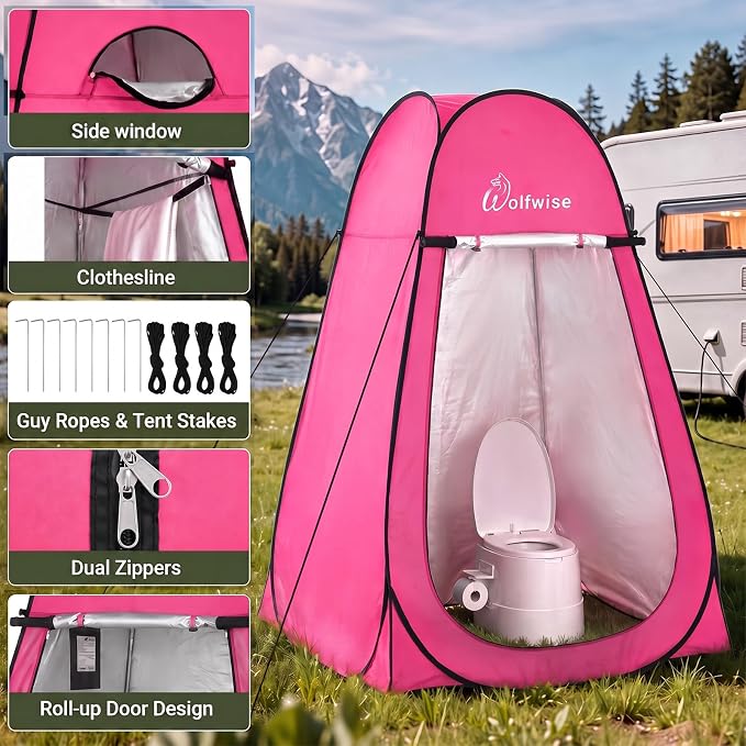 WolfWise Pop Up Shower Tent for Camping Essentials, Compact & Lightweight | Portable Instant Changing Tent with Window & Carry Bag, Privacy Dressing Room Bathroom for Outdoor, 6'3"/6'11" H