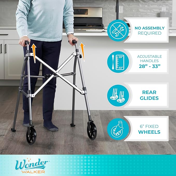 Stander Space Saver Walker Short, Lightweight Folding Rolling Mobility Aid for Juniors & Petite Adults, Compact 2-Wheel Disability Device with 6-inch Wheels & Rear Ski Glides, Black Walnut