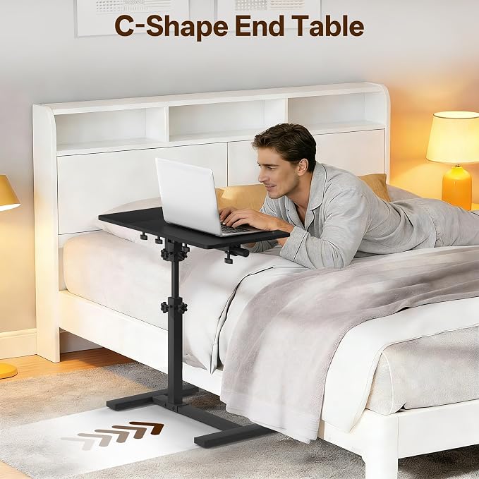 Overbed Table with Wheels Rolling, Adjustable Mobile Bedside Desk | Flip-Top, Laptop Table, C Shaped End Side Table for Couch, Sofa, Bed, Recliner and Home Use, Large Black