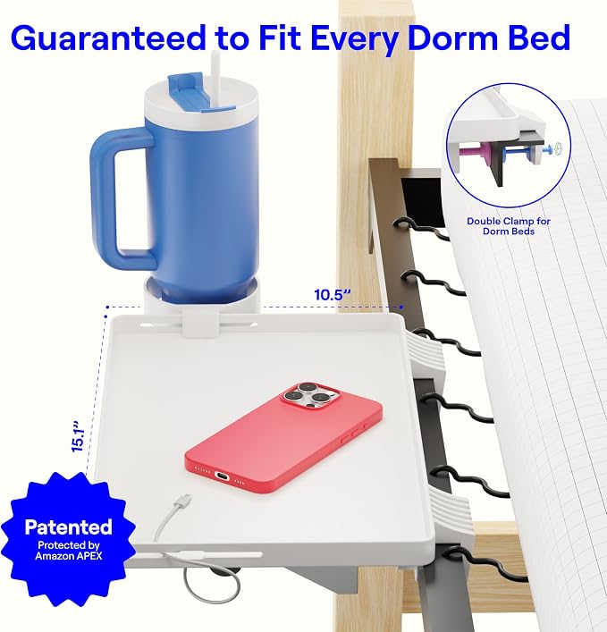 BedShelfie Bedside Shelf for Dorm Room - Dorm Essential, White | Bunk Bed & Top Bunk, College Dorm Room Essentials, Bedside Caddy, Clip on Floating Desk Tray, Bed Side Table, Loft Nightstand
