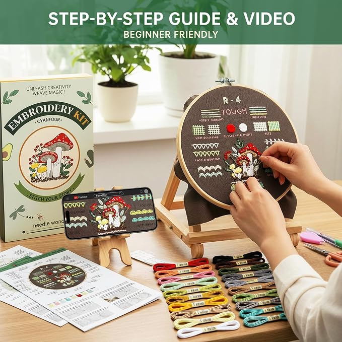 CYANFOUR 6 Stage Embroidery Kit for Beginners Adults, Easy to Learn 38 Different Stitches from Instruction & Video, Needlepoint Kits for Adults with Stamped Embroidery Patterns