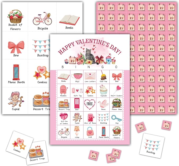 Happy Valentine's Day Bingo Games - Valentines Bingo Card - 24 Players Bingo Game Set for Adult Family Friends - School Classroom Indoor Outdoor Activities - Valentine Party Favors Supplies -C01
