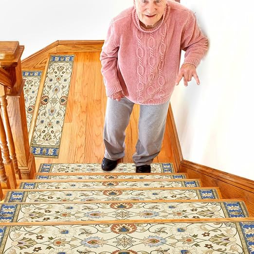 Non Slip Stair Treads for Wooden Steps, 30in x 8in Indoor Staircase Step Treads for Dogs, Reusable Stair Carpet Runner with TPR Adhesive, Oriental Design