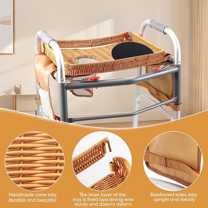 Handwoven Rattan Walker Tray for Folding Walker, Tray for Walker for Seniors Detachable with Cup Holder,Walker Accessories for Elderly,Tray Table Fits Most Standard Walkers (Brown)
