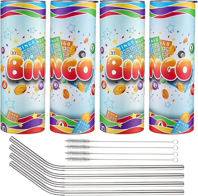 Geiserailie 4 Pack Bingo Tumbler Cups 20 oz Game Gifts Stainless Steel Tumbler with Lids Prizes for Seniors Mom Grandma Dad (Classic)