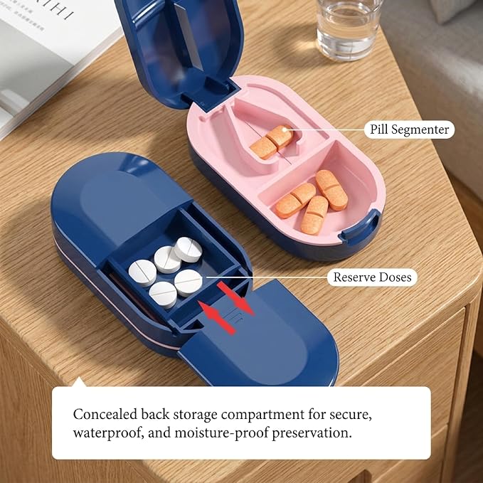 Pill Splitter with Stainless Steel Blade, BPA-Free Pill Cutter, V-Shaped Precision Pill Cutting Device, Portable Travel Pill Divider for Cutting 1/2 1/4 1/8 Small Medium Pills (Blue)