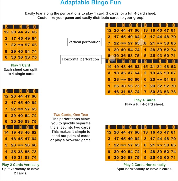 100 Bingo Cards, Large 4.5 x 4.5 Inch, Orange, Paper Bingo Sheets | 8 Color Options, Premium Cardstock, Disposable with Daubers or Reusable with Chips — Proudly Made in USA
