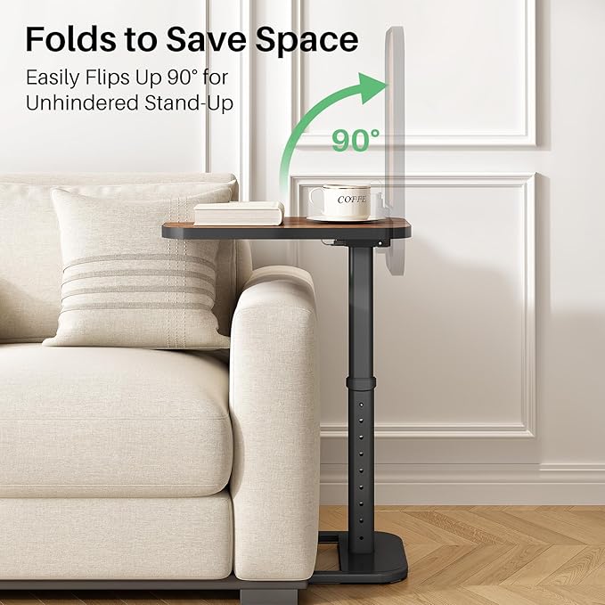 Kitstorack Upgraded TV Tray Table with Panel Lock, 90° Flip-Over Design & Adjustable Height, Sofa Arm Side Table for Eating, Laptop, Couch, Bed, or Small Spaces, Brown