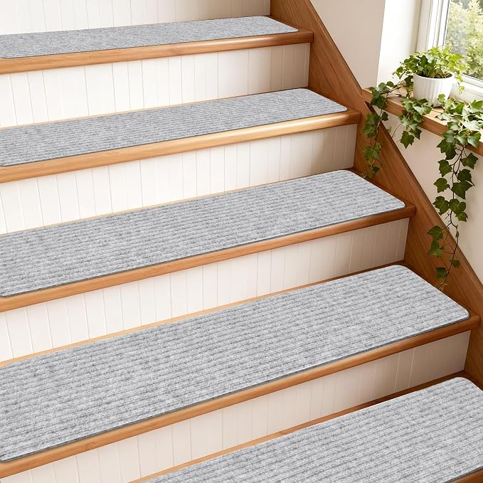 Extra Wide Non Slip Stair Treads for Wooden Steps – 15 Pack 9" x36'‘Extra Wide Carpet Runners with Reusable Adhesive, Step Pads for Dogs, Kids, Seniors, Machine Washable – Light Grey
