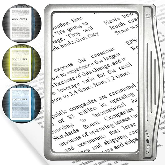 MAGNIPROS Patented 3X Large LED Page Magnifier for Reading | Eye Caring 3 Color Light Modes & Anti-Glare Lens to Reduce Eye Strain-Perfect for Small Prints, Aging Eyes, Low Vision and Seniors