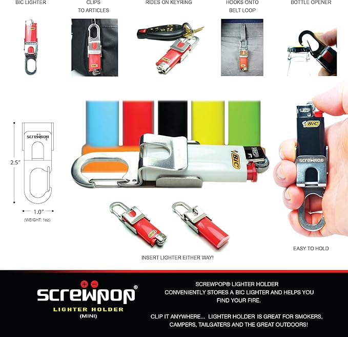 Screwpop Bic Standard Full-Size Lighter Holder Keychain Multi Tool with Carabiner Clip and Bottle Opener Stainless Steel Construction (Lighter Not Included)