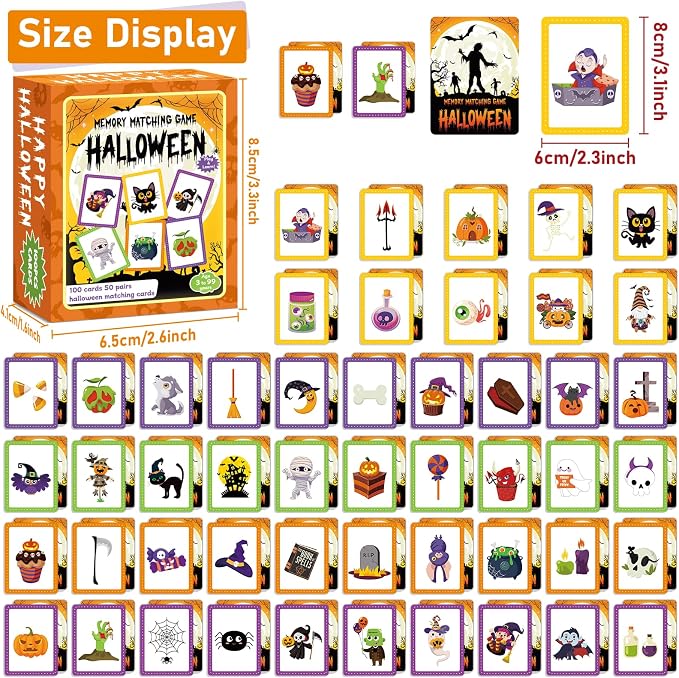 gisgfim 100 PCS Memory Matching Game Happy Halloween Concentration Memory Games Card for Kids Educational Ages 3-8 A Fun & Fast Halloween Theme Matching Games