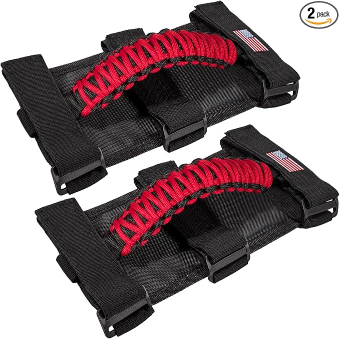 Roll Bar Grab Handles Grip Handle for Jeep Wrangler JK JKU JL JLU TJ YJ Sport Sahara Freedom Rubicon Unlimited Gladiator JT 1955-2023 UTV ATV Accessories Premium Paracord US Flag (Red 2 Pack)