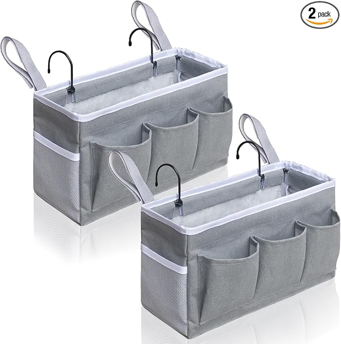 Kanrichu Bedside Caddy Hanging Storage Bag, Organizer Baskets with Pockets for Bunk Bed Accessories, Loft & Dorm Rooms Chair Bed Rails (Gray)