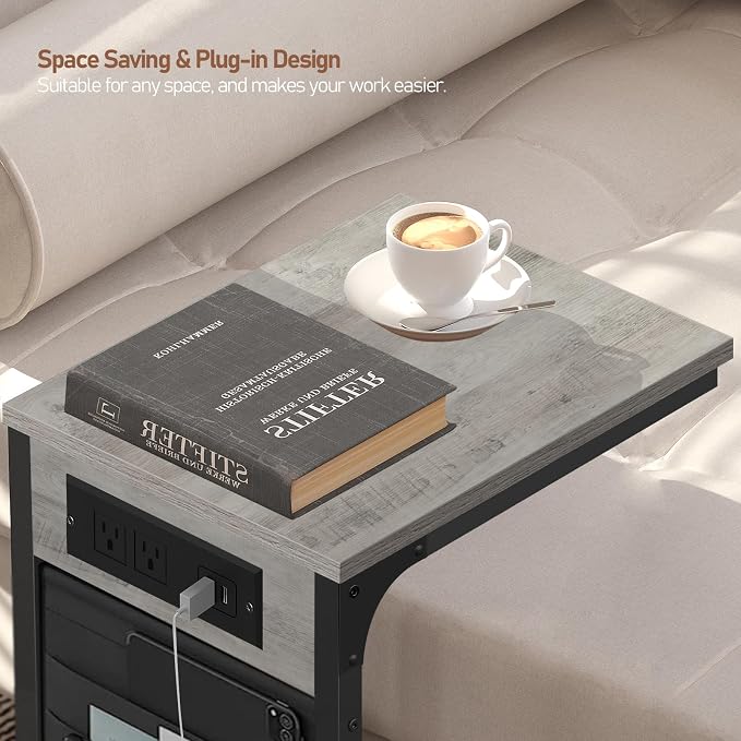 TUTOTAK C Shaped End Table with Charging Station, Side Table for Sofa | Couch Table with Storage Bag, TV Tray with 2 USB Ports and Outlets, Living Room and Bedroom, Greige TB01BG024